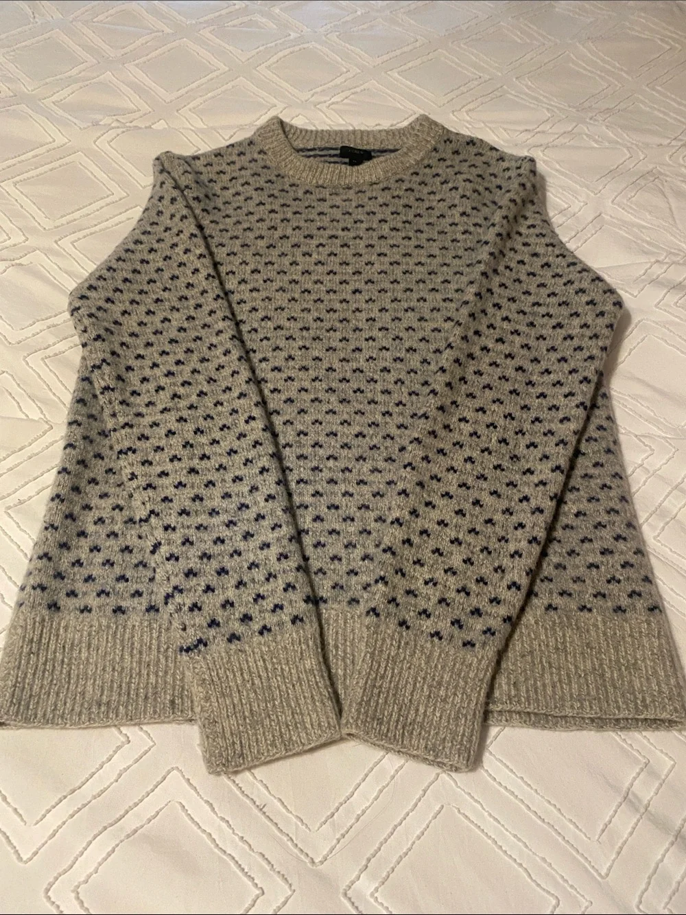 J. Crew Gray Crewneck Wool Sweater with Navy Arrow Pattern